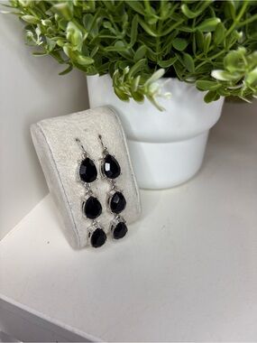 Black Teardrop Statement Dangle Earrings Silver Tone Vintage Style